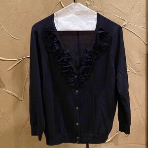 J. Crew navy, size large, ruffled v-neck button down Merino Wool Sweater
